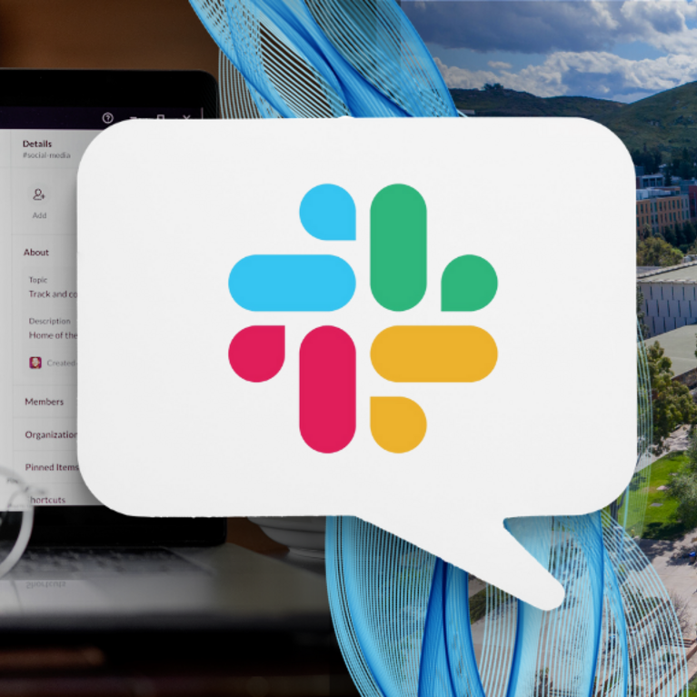 Slack interface and logo with UCR Bell Tower in the background