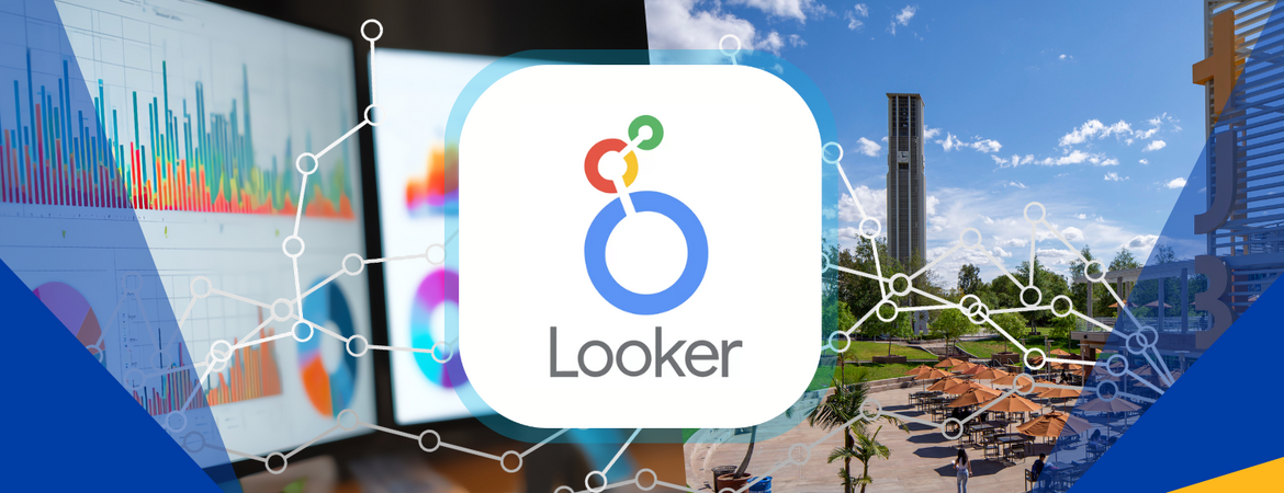 Looker logo, data charts, and UCR campus view.