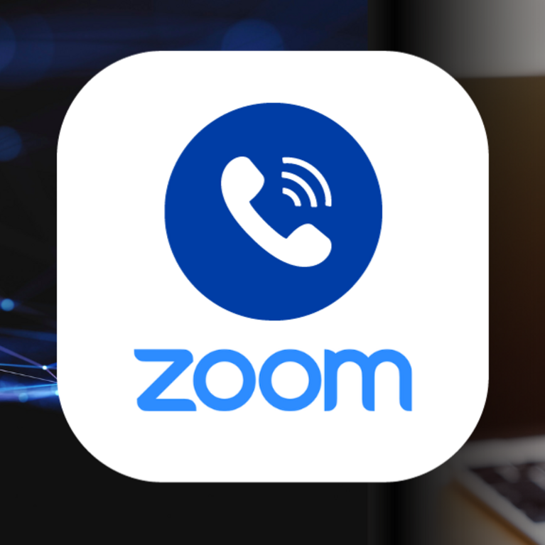 Ringing phone with the Zoom logo underneath and a person holding a smartphone in the background
