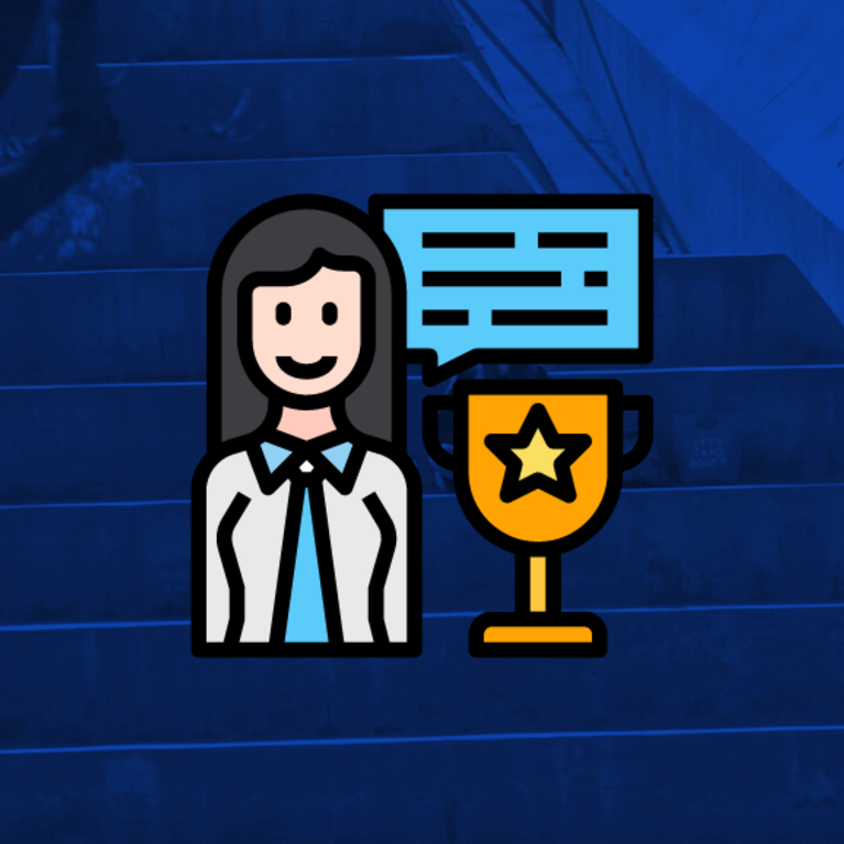 A graphic of a female employee next to a trophy with a star on it.