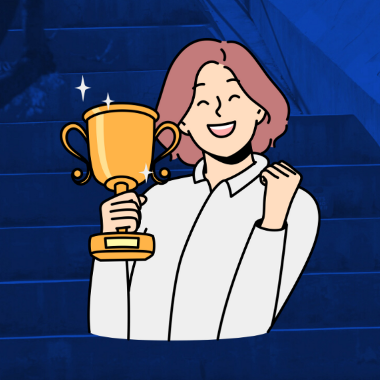 A graphic of a female employee holding a golden trophy