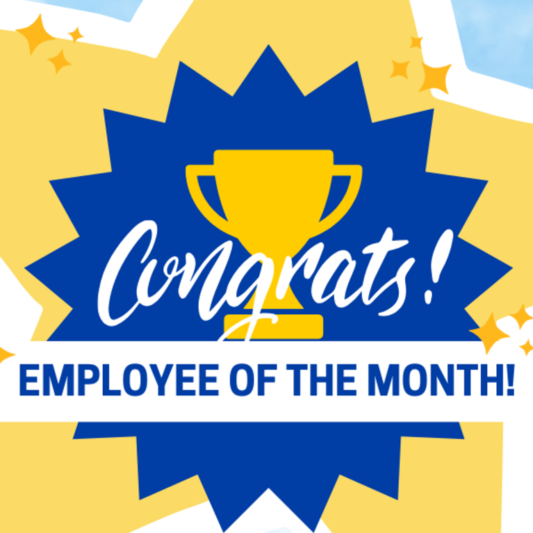 Image of a trophy with the words "Congrats!" and "Employee of the Month" in front of and an image of a star in the background