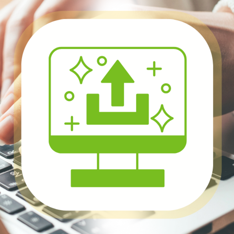 Upgrade icon overlayed on a picture of someone typing on a computer