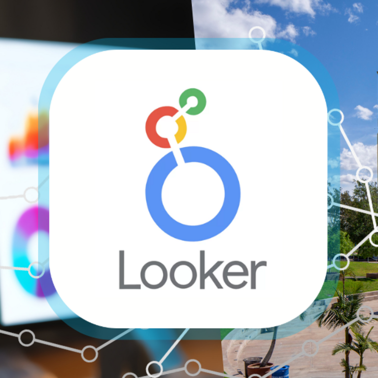 Looker logo, data charts, and UCR campus view.