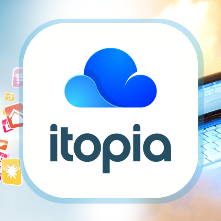 itopia logo with a cloud surrounded by laptop and software applications