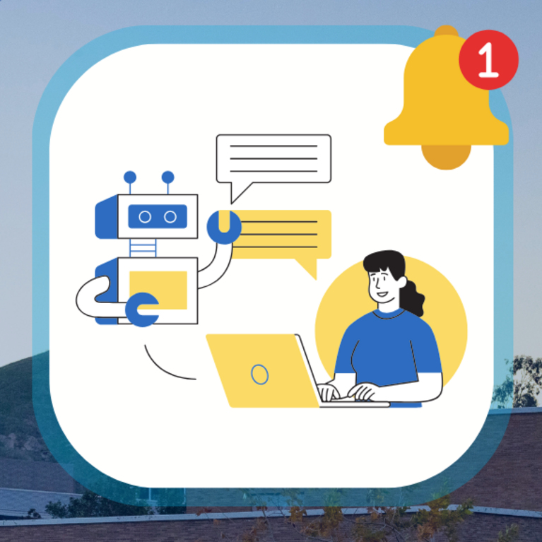Image of robot with a woman working on a laptop and a notification bell icon