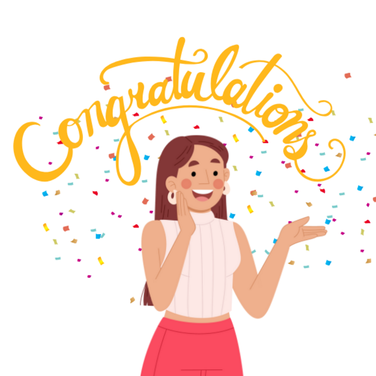 Congratulations greeting with an illustration of a woman rejoicing