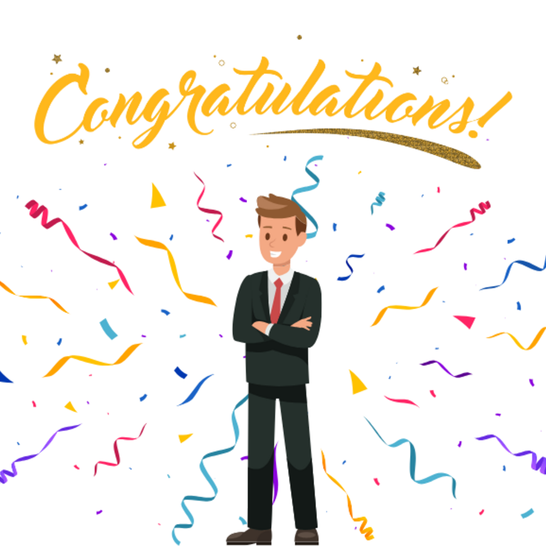 Illustrated man in a suit with the word congratulations on top and confetti around him