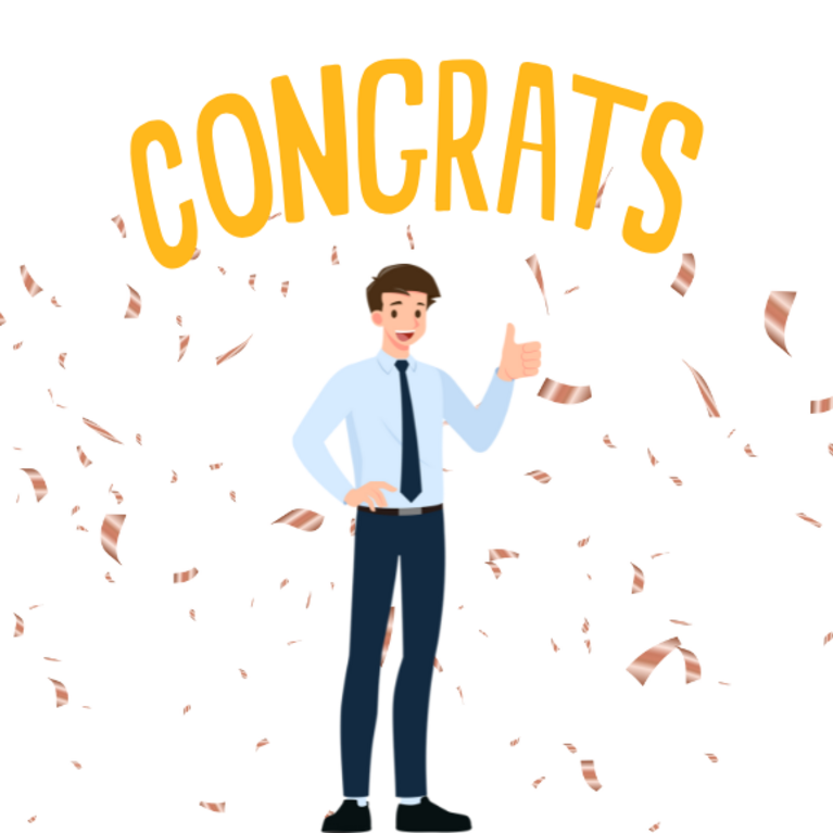 Illustrated man in a suit with the word congrats on top and confetti around him