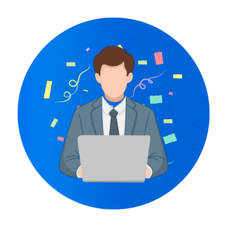 Illustrated man in a suit working on laptop