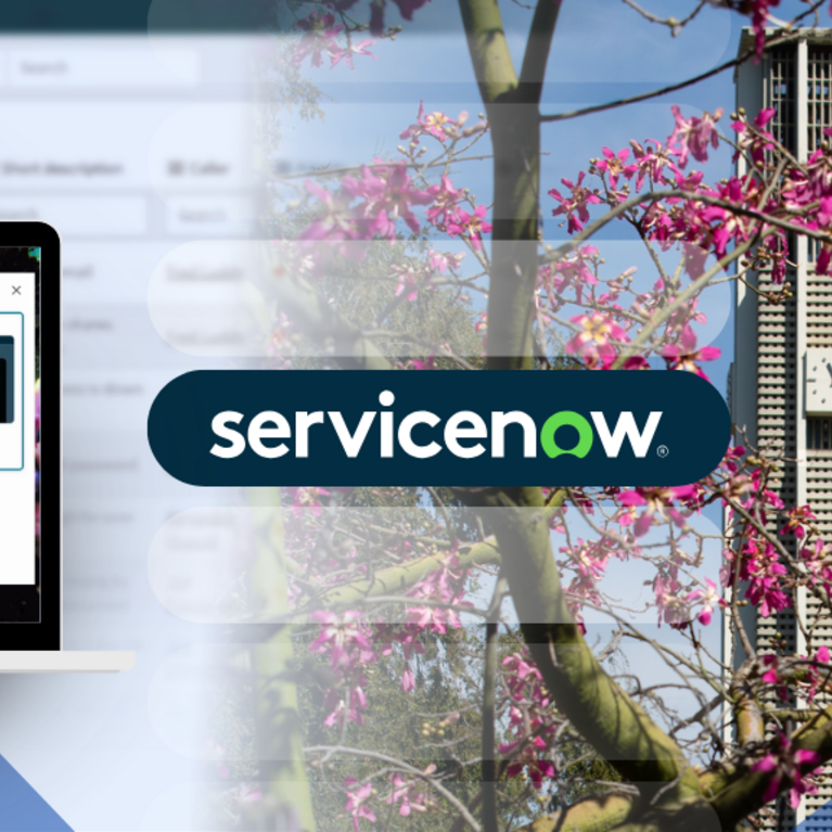 A ServiceNow branded banner featuring a laptop showing the ServiceNow Preferences menu. The background shows a blooming pink Jacaranda tree next to the UCR Bell Tower under a blue sky, framed by UCR blue and gold geometric shapes.