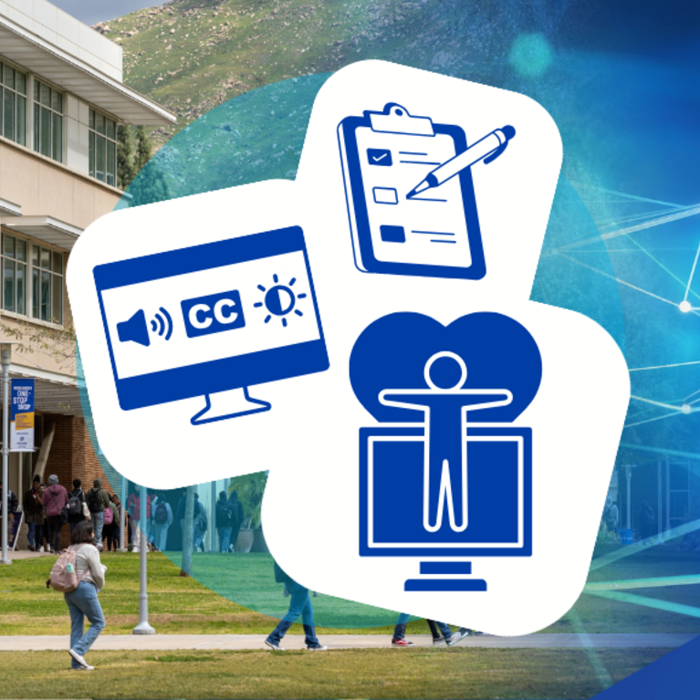 UCR students walking on campus with digital accessibility icons and a blue optic fiber network