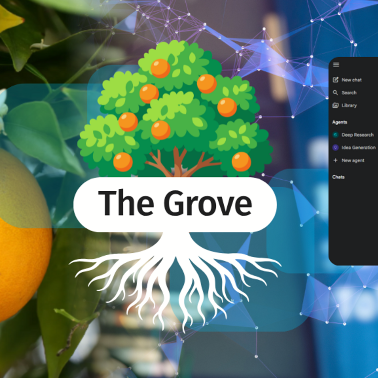 A tree overlayed with the words "The Grove" surrounded by an up-close shot of an orange tree and a screenshot of Gemini Enterprise.