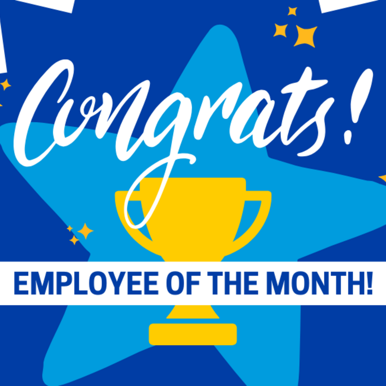 Image of a trophy with party poppers on the side and the words "Congrats!" and "Employee of the Month"