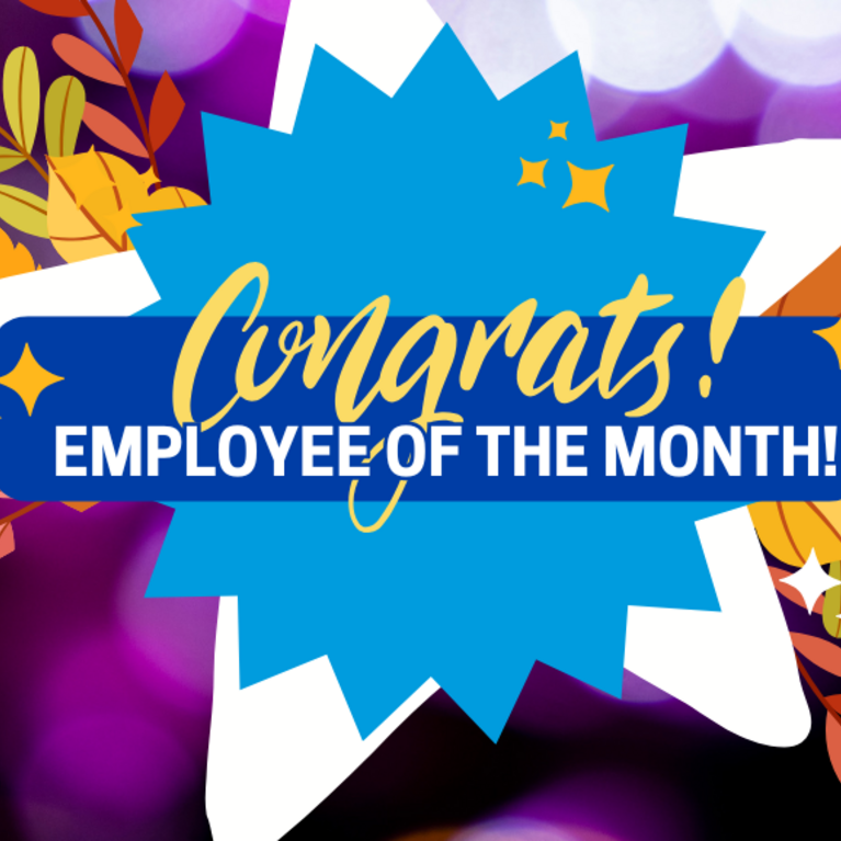 Image with fall elements like pumpkin and orange leaves and flowers and the words "Congrats Employee of the Month!"