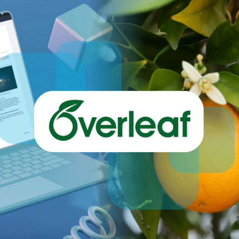 Overleaf logo with an open laptop and an orange tree in the background