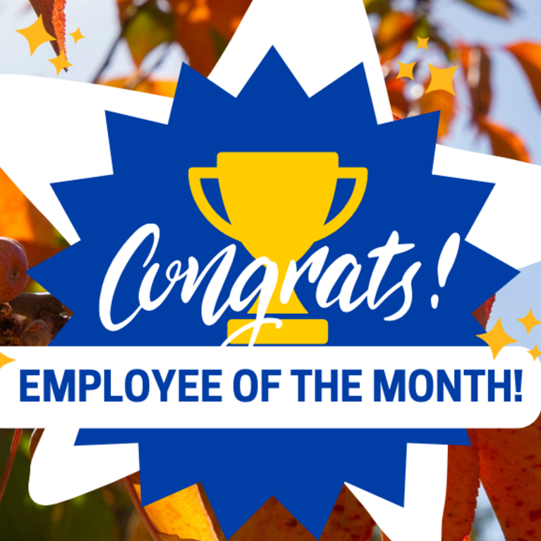 Image of a trophy with the words "Congrats!" and "Employee of the Month" in front and an image of a star in the background