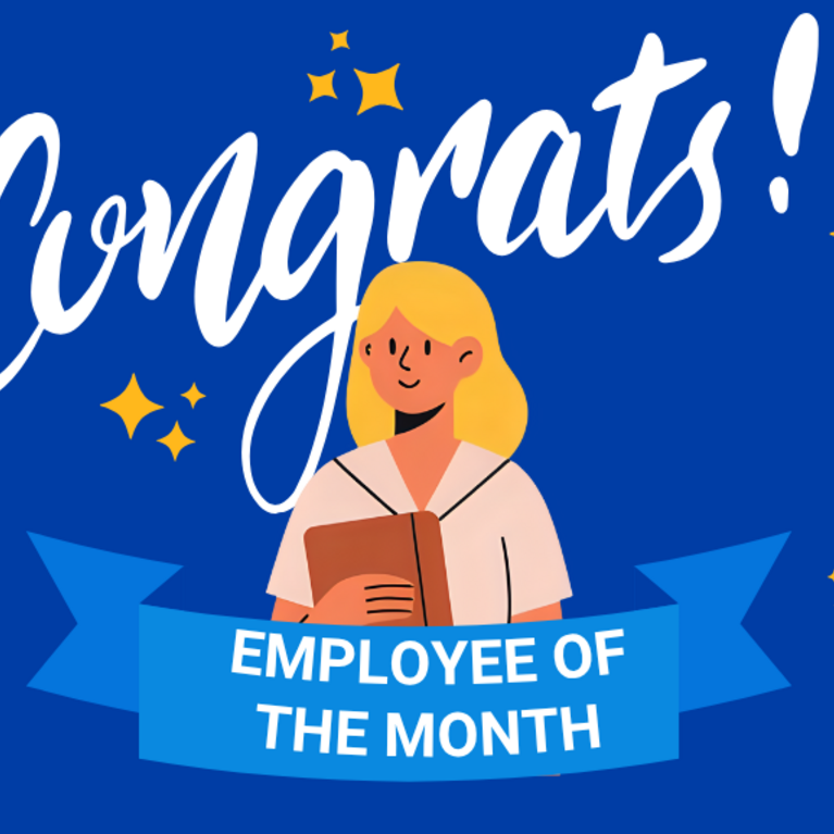 Image of a blonde woman carrying a book with the word "Congrats!" in the background and the words "Employee of the Month" in front