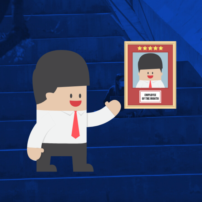 animated employee of month looks at wall frame 
