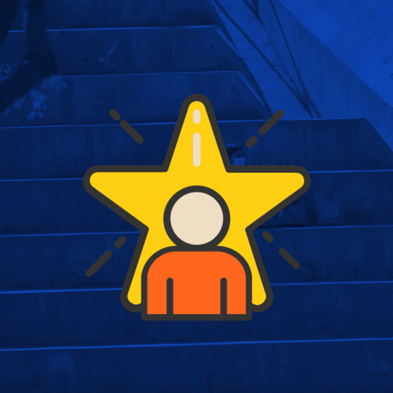 animated character in front of a star with blue gradient 