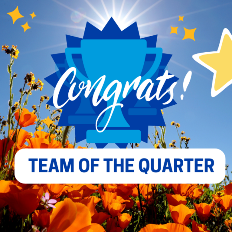 Image of a trophy with the word Congrats! and Team of the Quarter in front and stars around