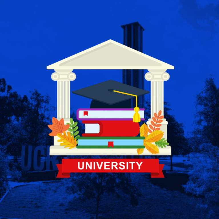 Animated university, books, and graduation cap