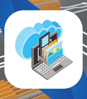 cloud storage on laptop computer with file folders in the background