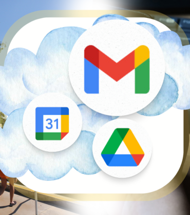 Image of Gmail, Google Calendar, and Google Drive logos with clouds in the background, a UCR image, and an image of a keyboard