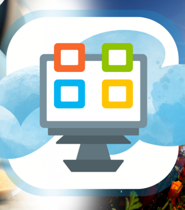 Computer monitor with four colored squares and a cloud in the background. Microsoft Office application logos, calendar icon, and clouds in the background.