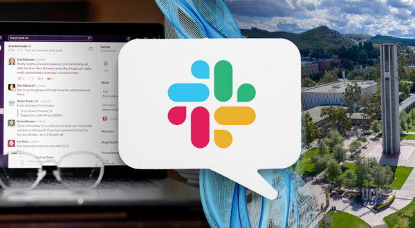 Slack interface and logo with UCR Bell Tower in the background