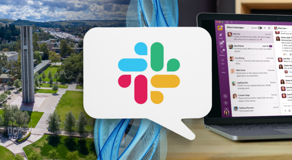 Slack logo with UCR Bell Tower and new user interface in the background