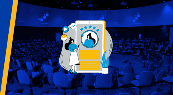 animated woman looks at profile on device