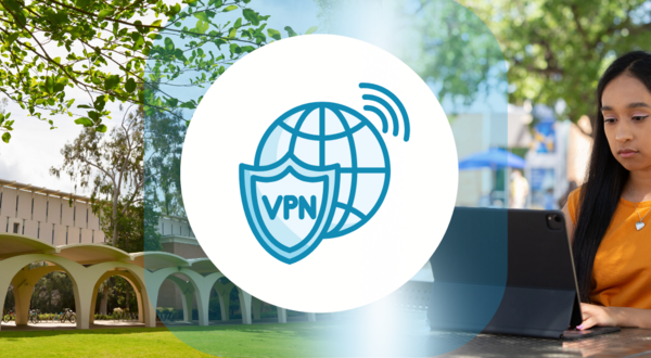 Shield icon with word VPN and globe icon representing the network with UCR vanity shot in the background