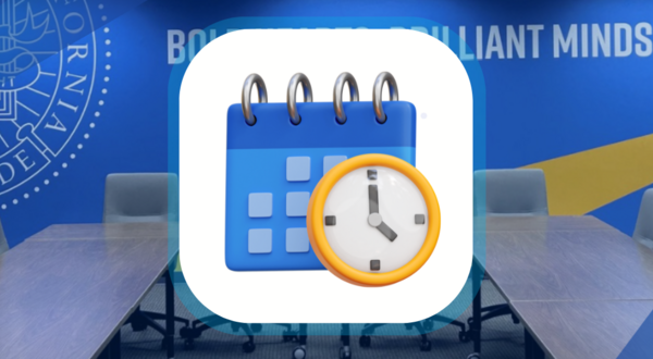 Calendar and clock icons with a photo of a UCR meeting room in the background
