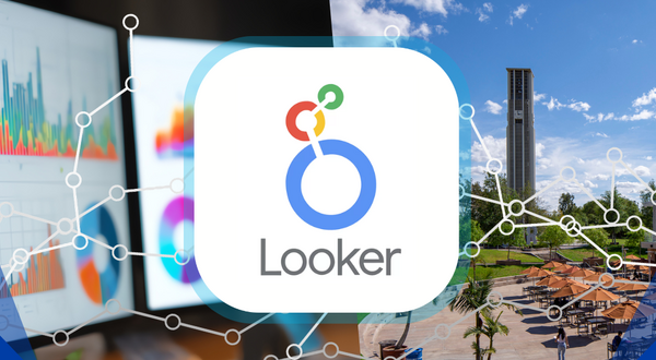 Looker logo, data charts, and UCR campus view.