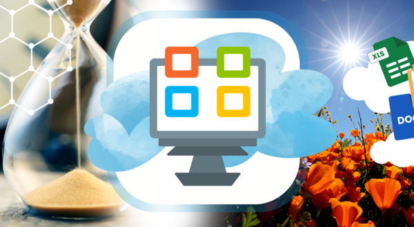 Computer monitor with four colored squares and a cloud in the background. Microsoft Office application logos, calendar icon, and clouds in the background.