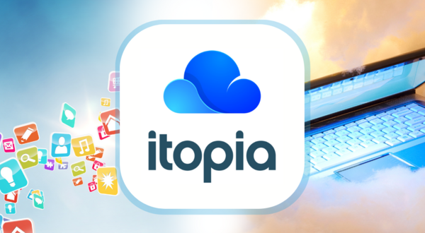 itopia logo with a cloud surrounded by laptop and software applications