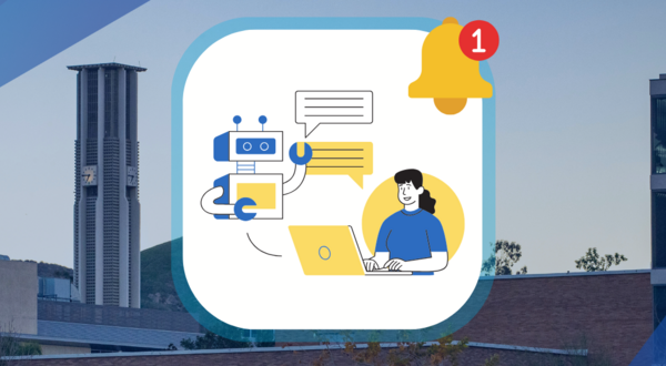 Image of robot with a woman working on a laptop and a notification bell icon