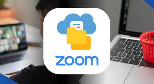 Zoom logo with folder icon below cloud image. Laptop images in the background with small red trash bin.