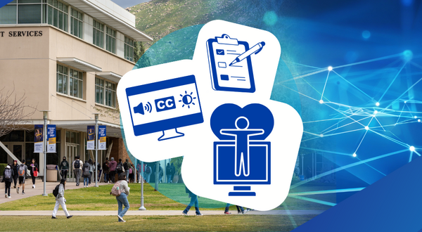 UCR students walking on campus with digital accessibility icons and a blue optic fiber network