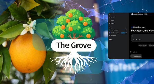 A tree overlayed with the words "The Grove" surrounded by an up-close shot of an orange tree and a screenshot of Gemini Enterprise.