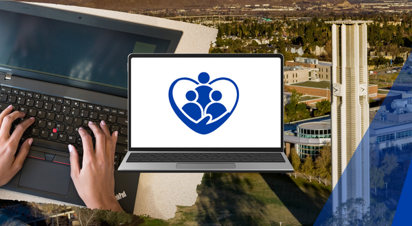 Decorative. Open laptop displaying three people surrounded by a blue heart.