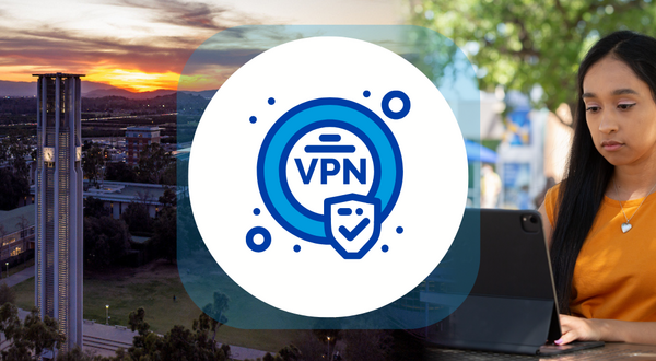 Blue circle with the word VPN inside and an image of a woman working on a laptop in the background