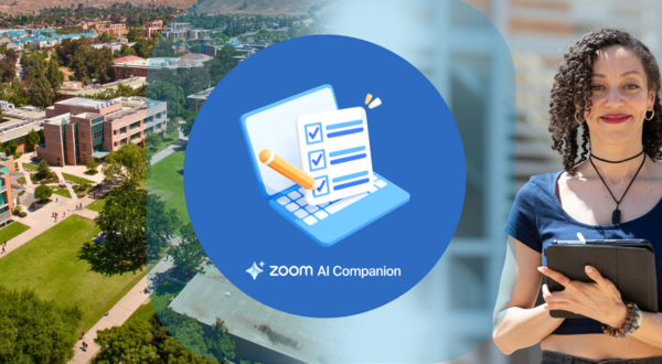 Image of a laptop with a to-do list and pencil on top of it with the words Zoom AI Companion at the bottom