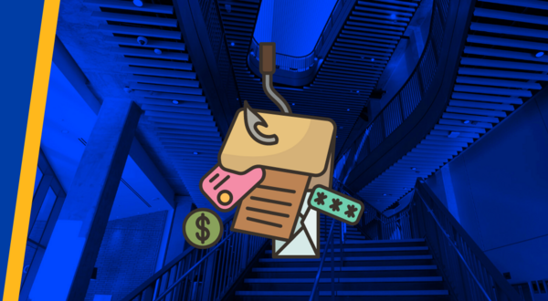 phishing icon over a modern staircase