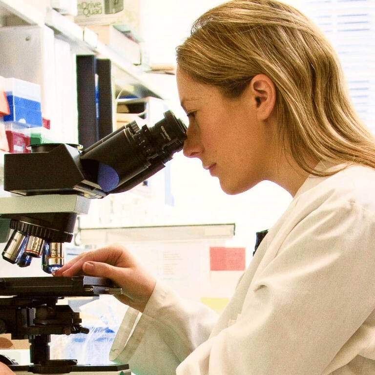 A blond woman wearing a lab coat looking into a microscope while working in a lab