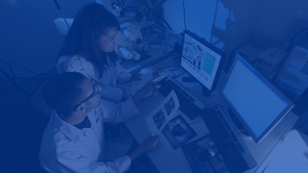 Two focused researchers look at charts on multiple monitor screens.