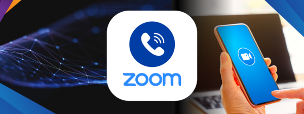 Ringing phone with the Zoom logo underneath and a person holding a smartphone in the background