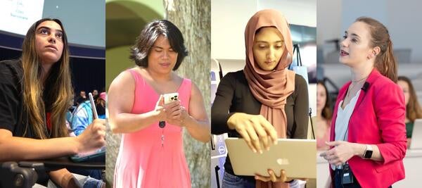 Montage shows four different people using technology on campus.