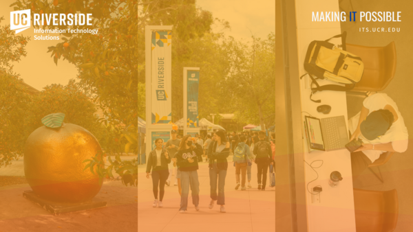  An orange sculpture, students walking on campus, and person on their laptop